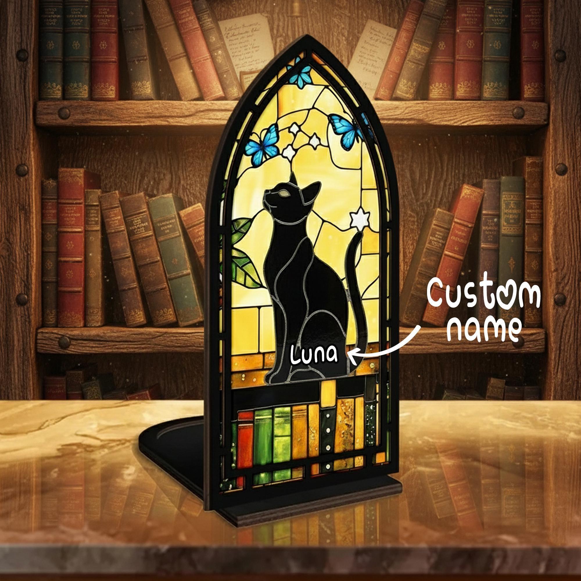 Cat Library Sign, Cat Loss Memorial Bookshelf Decor, Personalized Cat Gothic Book Nook, Pet Passing Remembrance (NO LED Candle Included) Cat Library Sign, Cat Loss Memorial Bookshelf Decor, Personalized Cat Gothic Book Nook, Pet Passing Remembrance (NO LED Candle Included)