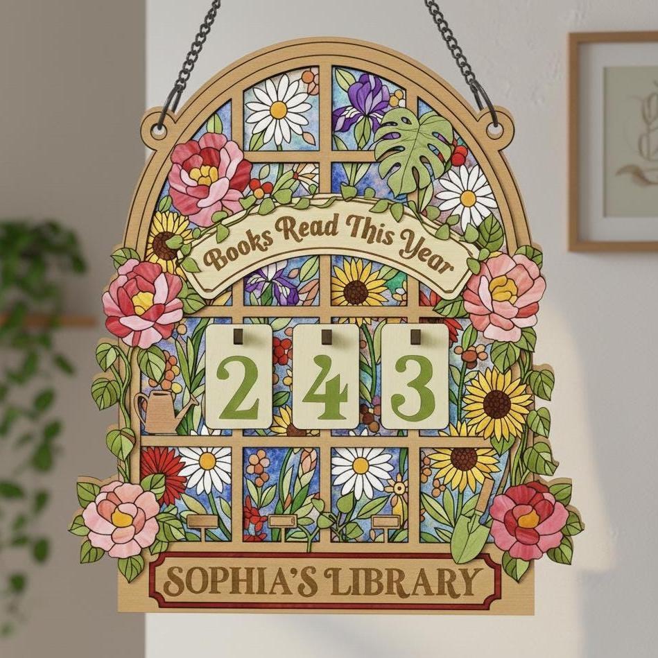 Books Read This Year Tracker, Floral Book Counter Sign, Personalized Library Decor, Stained Glass Style Reading Tracker Gift for Book Lovers Books Read This Year Tracker, Floral Book Counter Sign, Personalized Library Decor, Stained Glass Style Reading Tracker Gift for Book Lovers